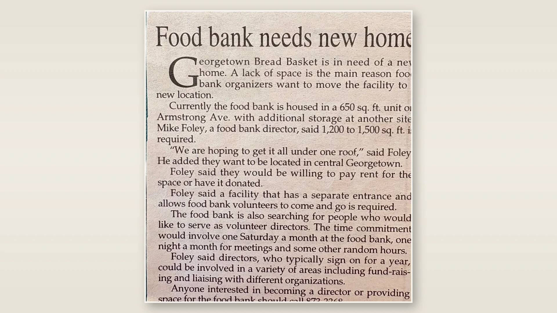 Archived newspaper clipping about the Georgetown Bread Basket food bank seeking a larger home