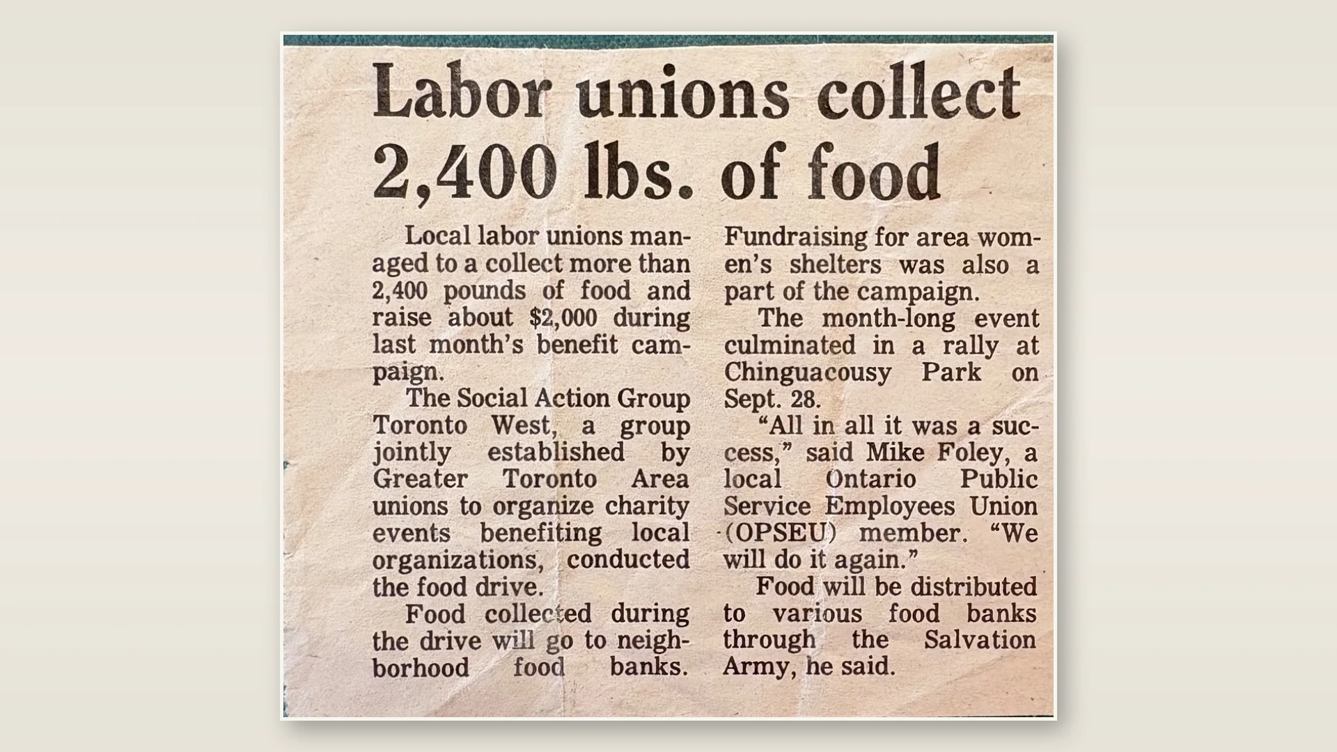 Archived newspaper clipping reporting that local labour unions collected 2,400 pounds of food and raised about 2,000 dollars