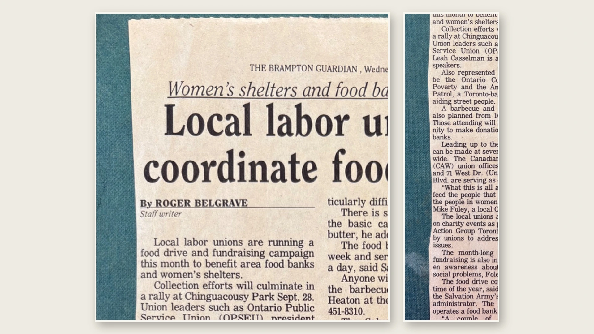 Archived newspaper article about local labour unions coordinating a food drive for food banks and women's shelters