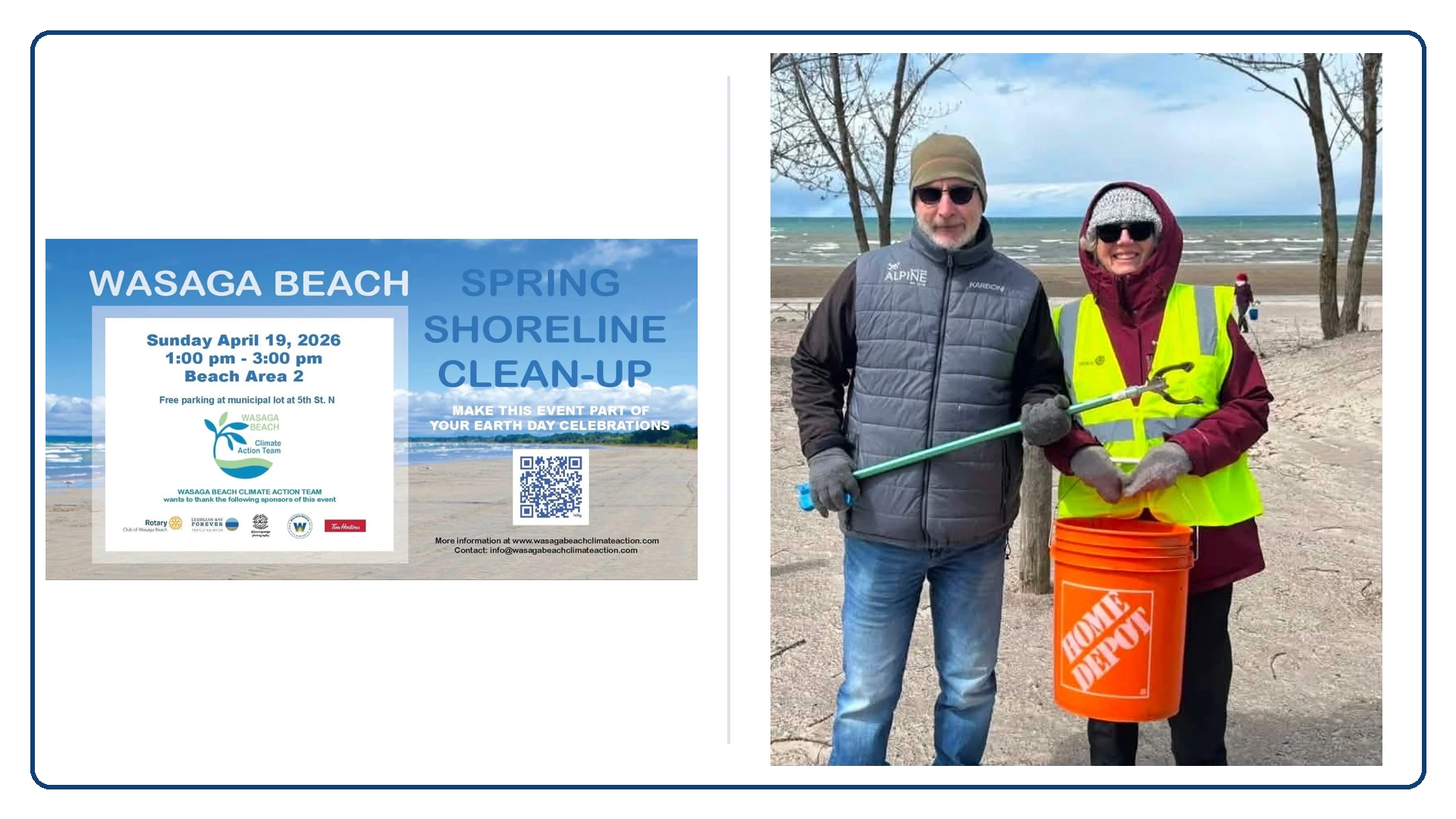 Wasaga Beach spring shoreline clean-up poster beside a photo of volunteers on the beach