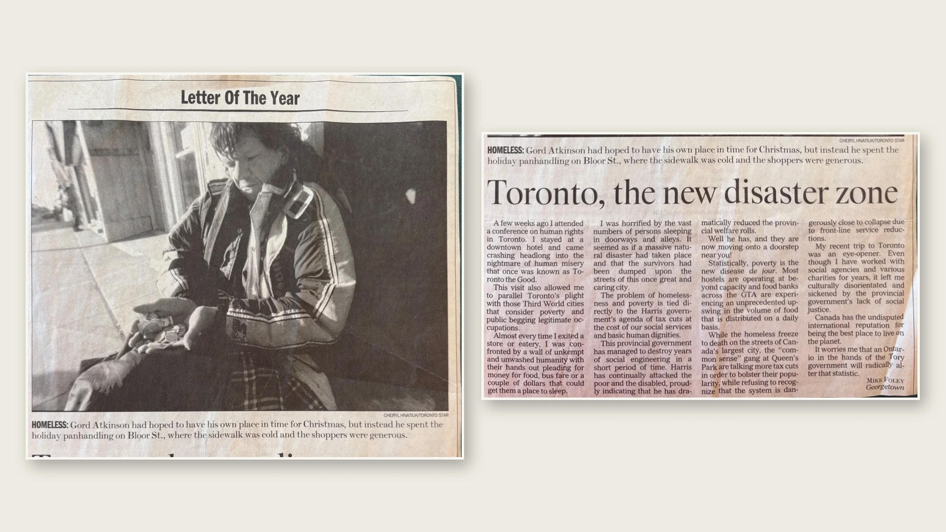 Archived Letter of the Year page featuring Mike Foley's letter about homelessness and poverty in Toronto
