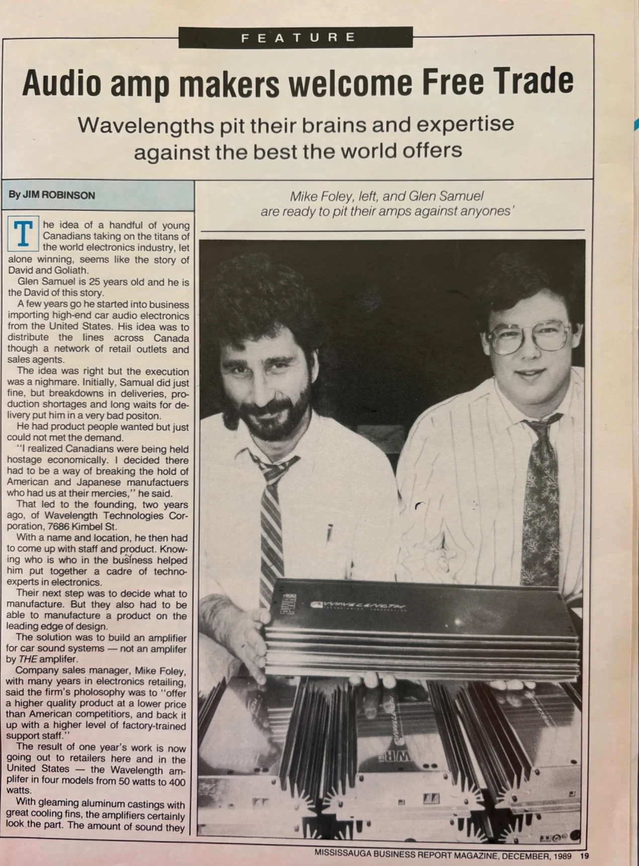 Archived business feature about Wavelength Technologies Corporation and Mike Foley's work marketing Canadian audio amplifiers